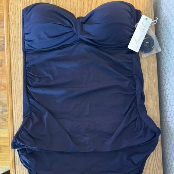 NWT Anne Cole 2 Piece Navy Tankini Swimsuit -Ruched, Removable Straps L/XL - Picture 2 of 8